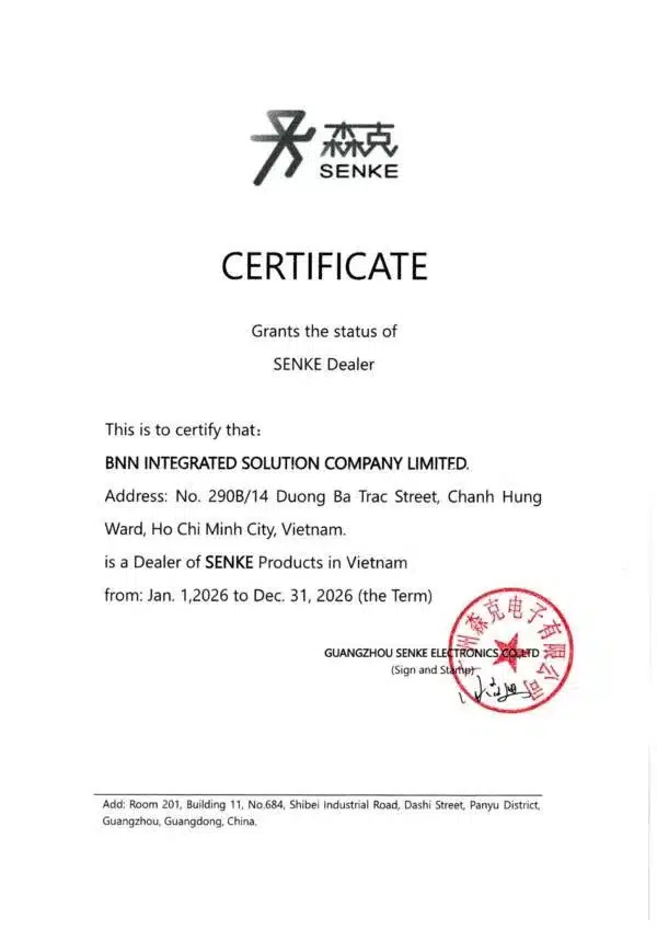 Giấy chứng nhận nhà phân phối SENKE cấp cho BNN Integrated Solution