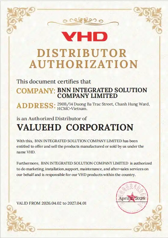 Giấy chứng nhận nhà phân phối VHD cấp cho BNN Integrated Solution